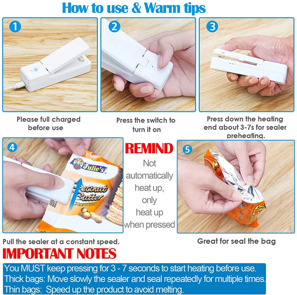 USB Mini Bag Sealer 2-in-1 Portable Heat Sealers Rechargeable Handheld Vacuum Heat Sealers &Cutter for Plastic Bag Storage Food
