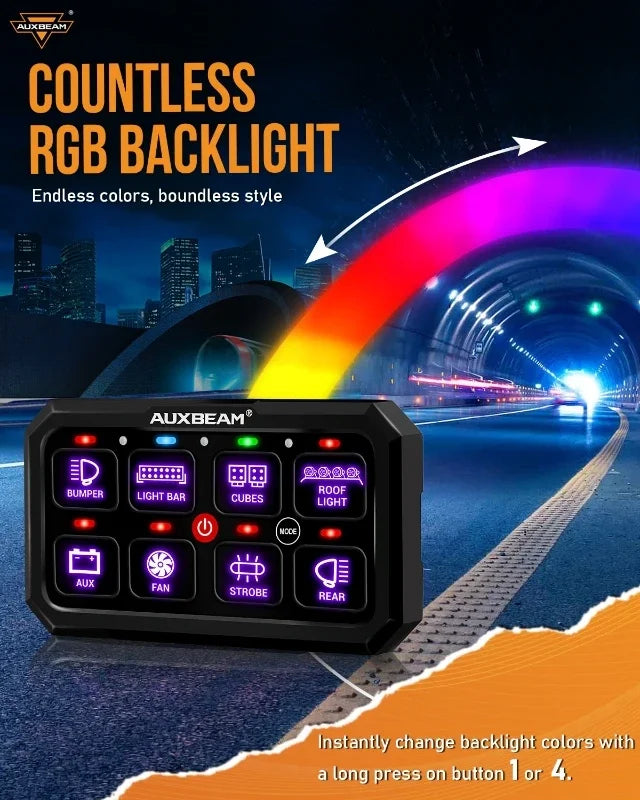 Auxbeam RGB 8 Gang Switch Panel Toggle/Momentary/Pulsed Supported Without App Control (One-Sided Outlet/Two-Sided Outlet)