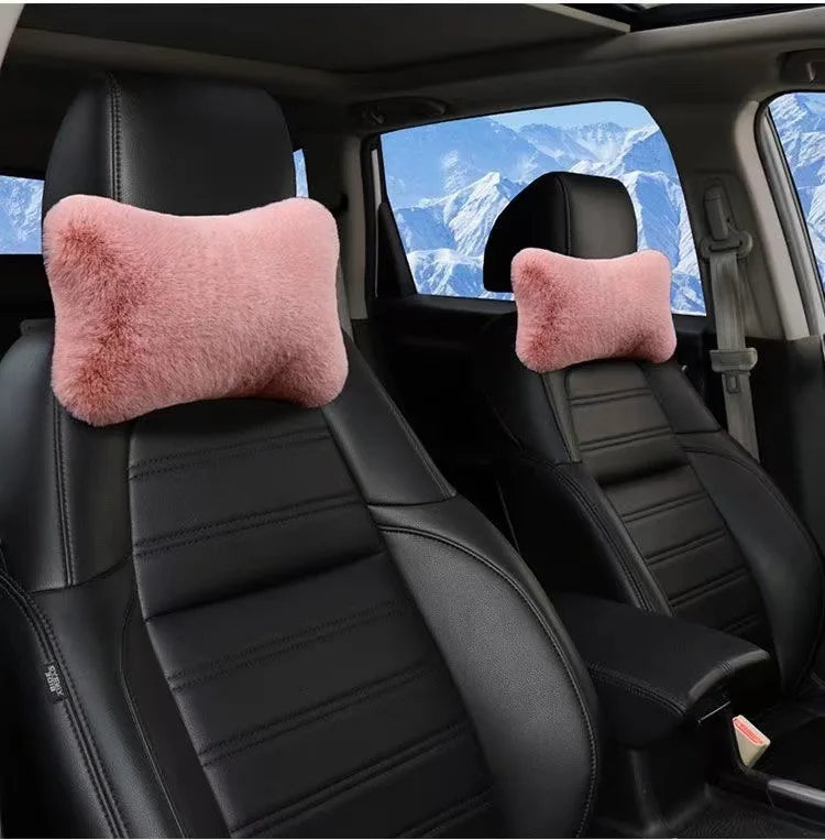 1pc Car Headrest Lumbar Pillow - Soft Imitation Rabbit Plush Comfort Cushion for All Seasons, Ergonomic Driver Support Headrest