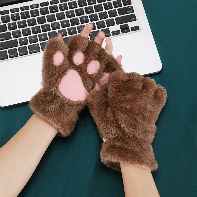 Women's Cat Paw Fingerless Gloves, Plush