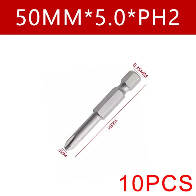 Cross Screwdriver Bit Set — 50mm Alloy Steel 1/4" Hex PH0/PH1/PH2 Bits