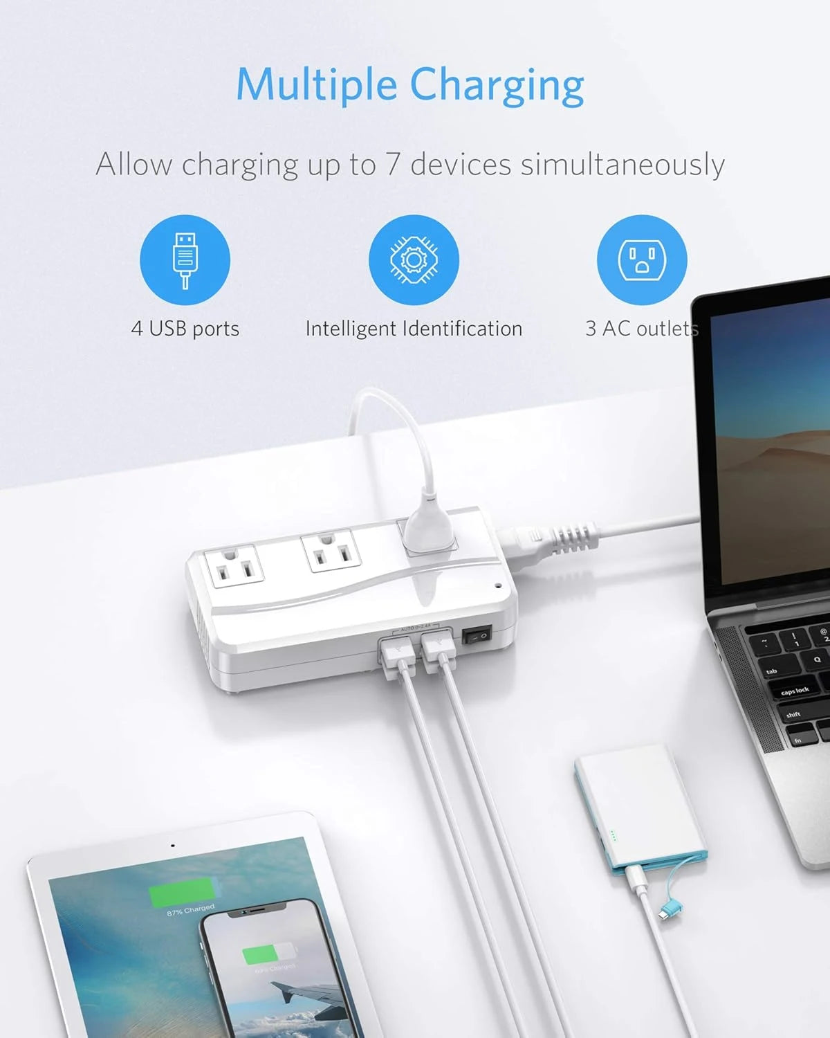 Global Travel Adapter,110-220V to 110V Converter, 250W, 6A 4-Port USB Charger, 3 AC Outlets, Fits EU/UK/AU/US/India Plugs