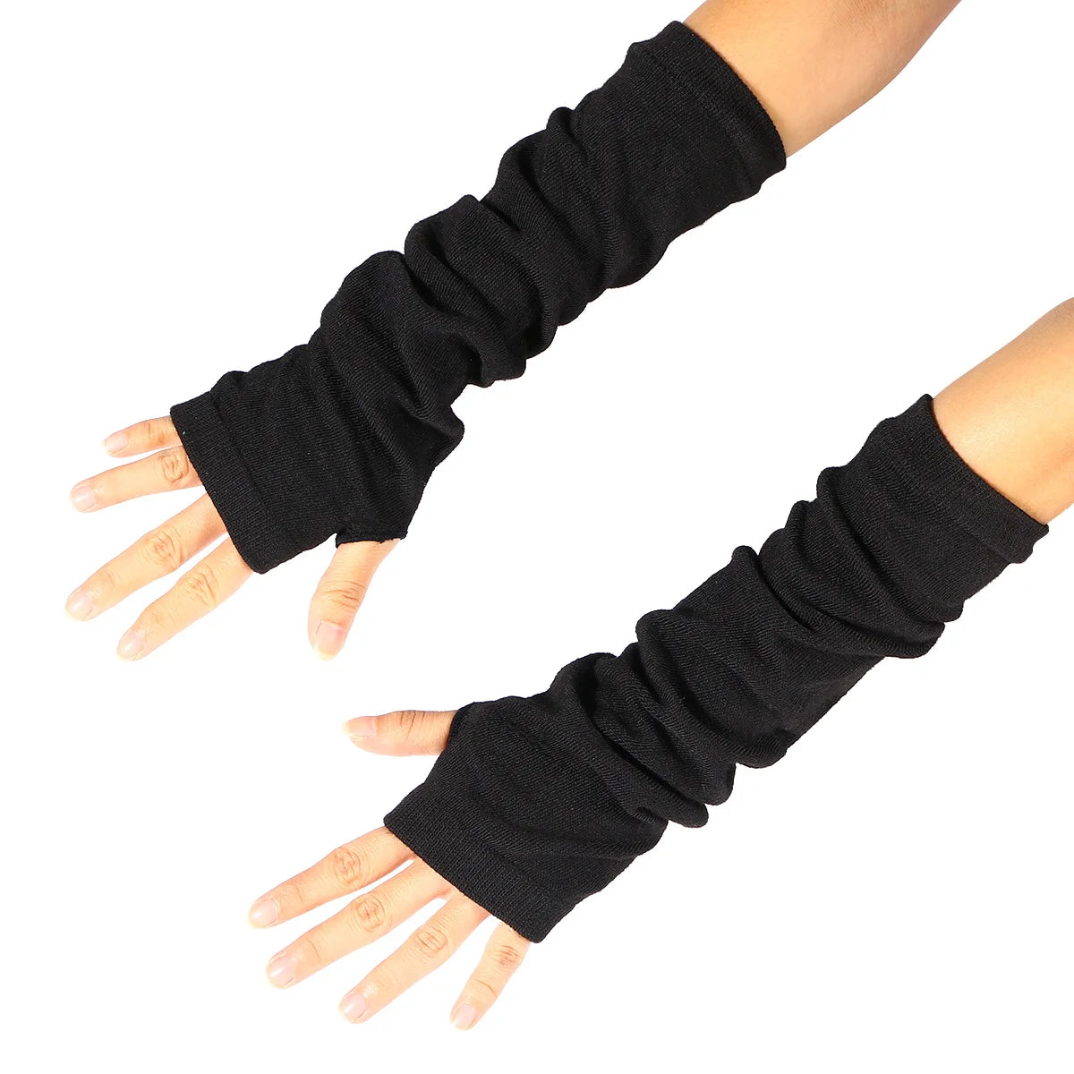 Women's Long Fingerless Arm Warmers - Black Knit Hand Sleeves