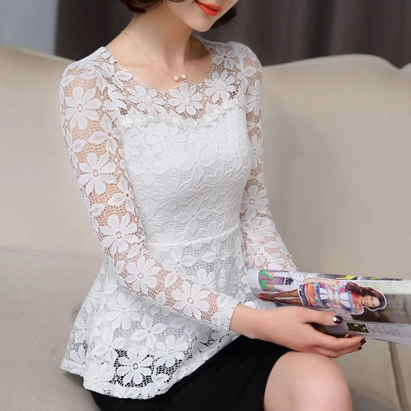 Women's Vintage Lace Long Sleeve Blouse - Pleated Plus Size Top - photo 11