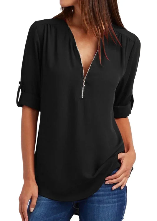 Women's Deep V-Neck Chiffon Blouse - Zipper Pullover Loose Plus Size - photo 2