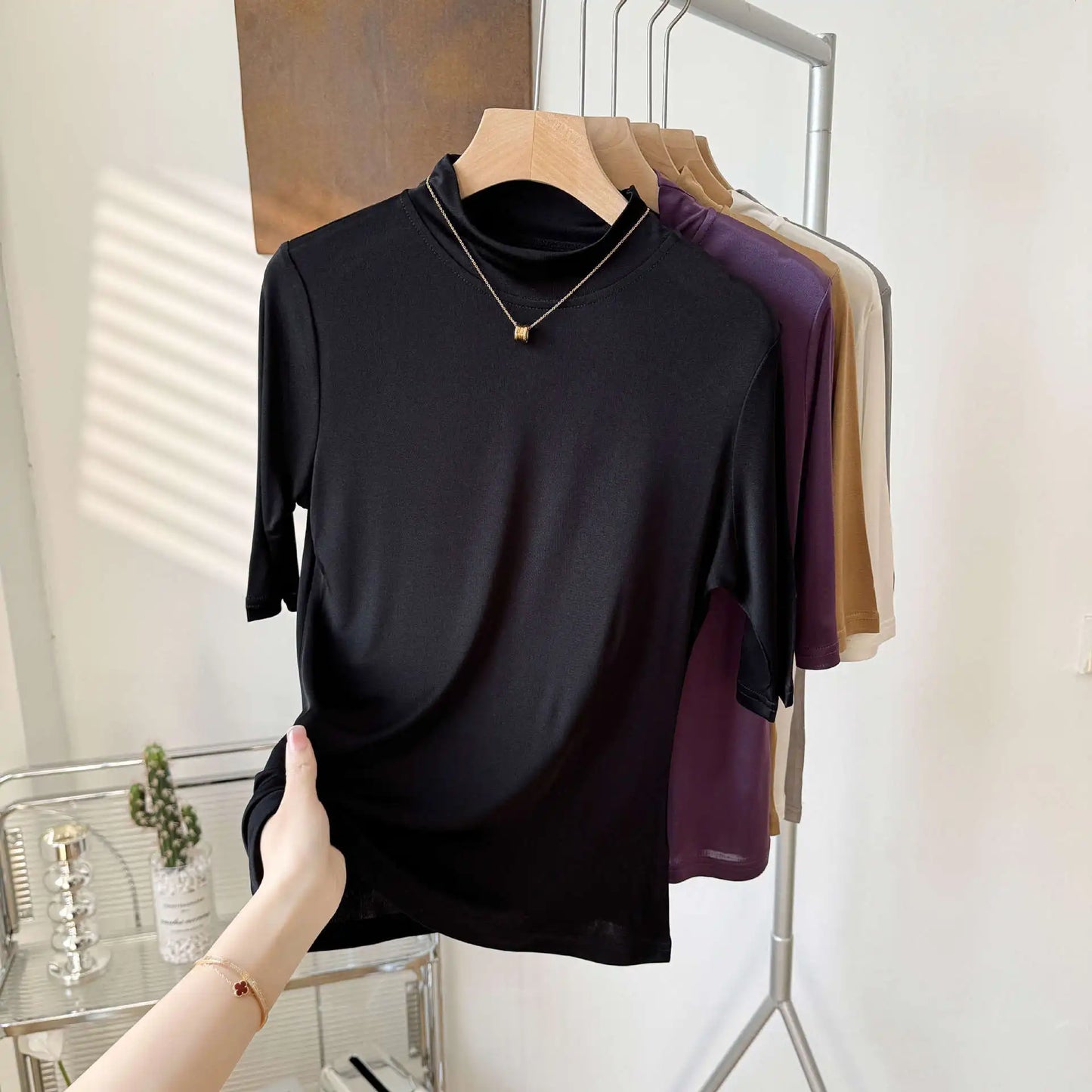 Yuyue's 100% Mulberry Silk Basic Women's T-shirt Solid Color Large Size Half Crew Neck Mulberry Silk Top Mid-sleeve Base Shirt
