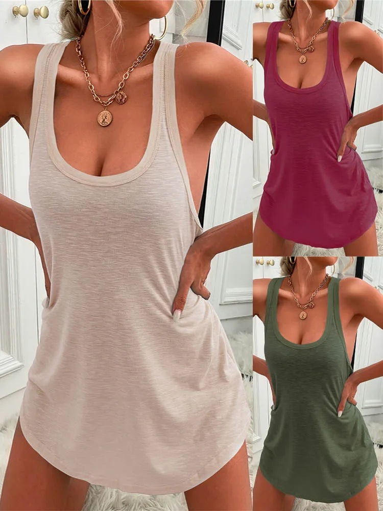 Women's Solid Color U-Neck Sleeveless Herringbone Suspender Vest Dress – Casual Versatile Mini Skirt