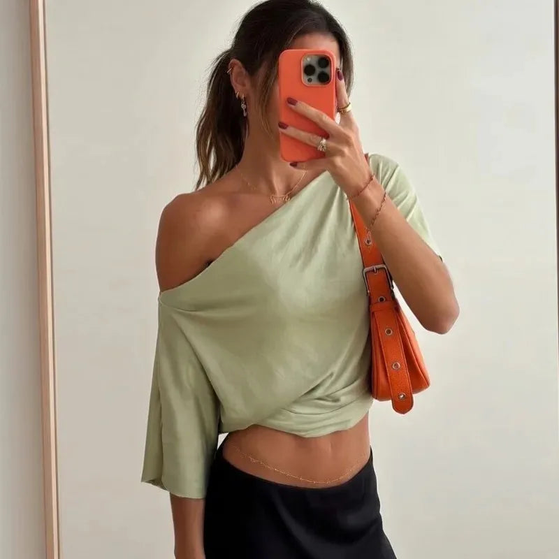 Women's One Shoulder Slim Crop Top – Short Sleeve Y2K Streetwear Tee
