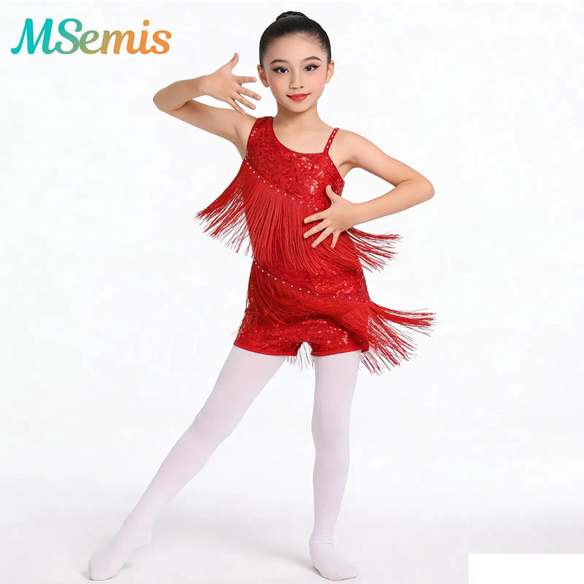 Girls sequin tassel Latin dress with shorts