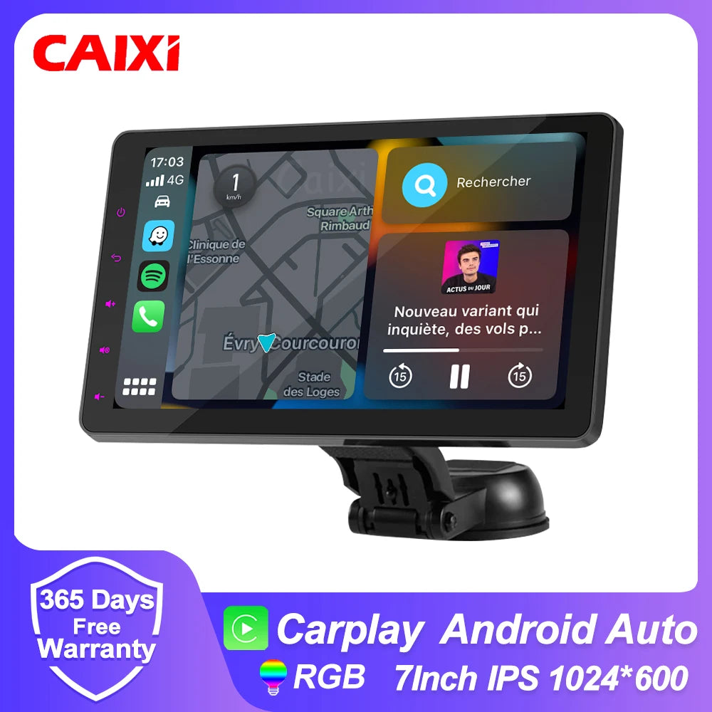 CAIXI Portable Wireless CarPlay & Android Auto Touchscreen — Dash-Mount Car Stereo Display