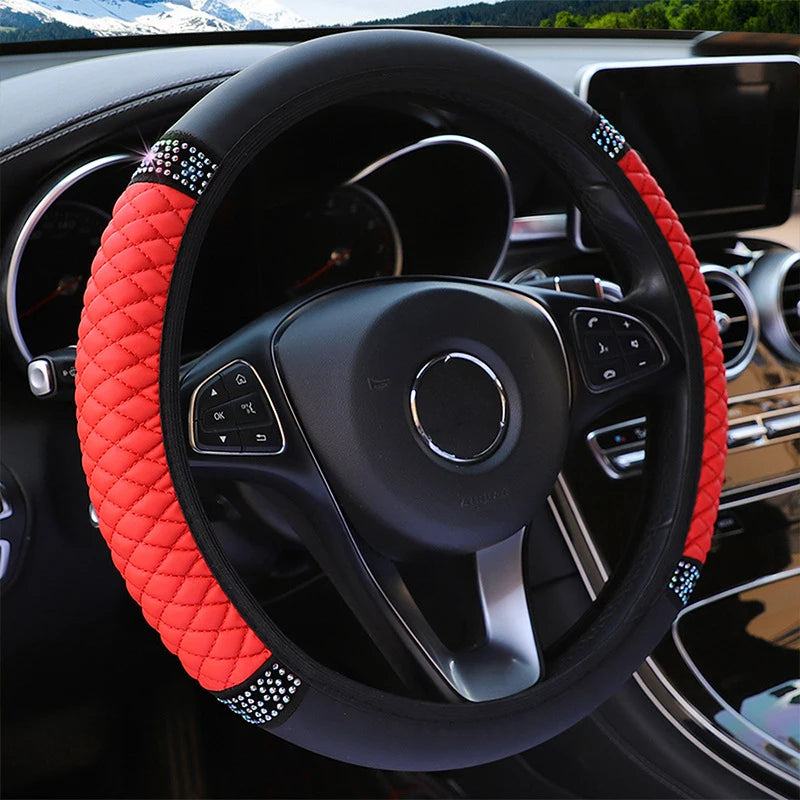 Four Seasons Universal Car Steering Wheel Cover 37-38cm Leather Embroidered Color Diamond-Studded Elastic Steering Wheel Cover