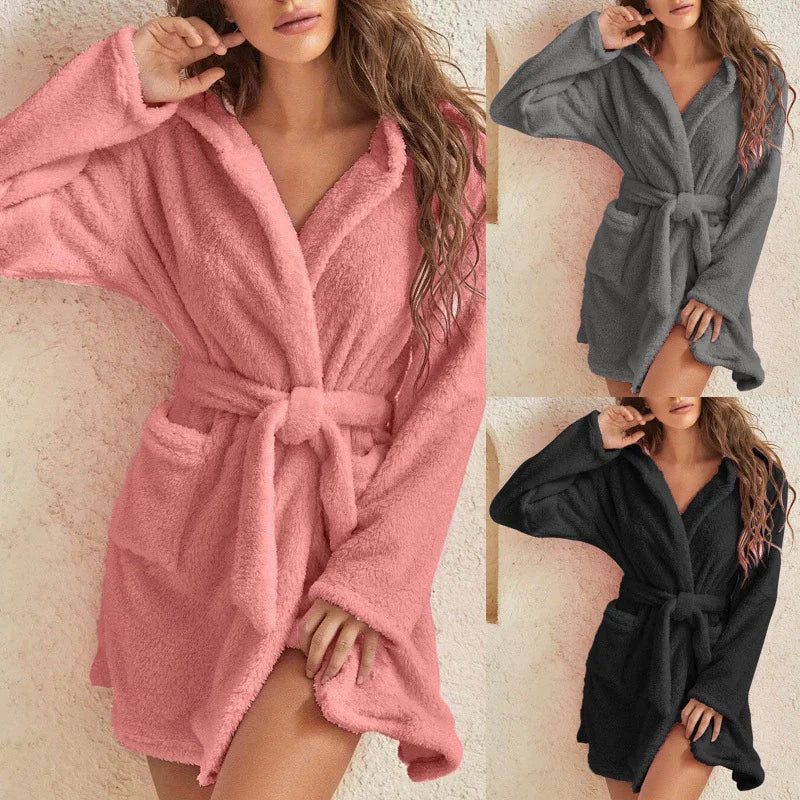 Women's Short Plush Hooded Bathrobe