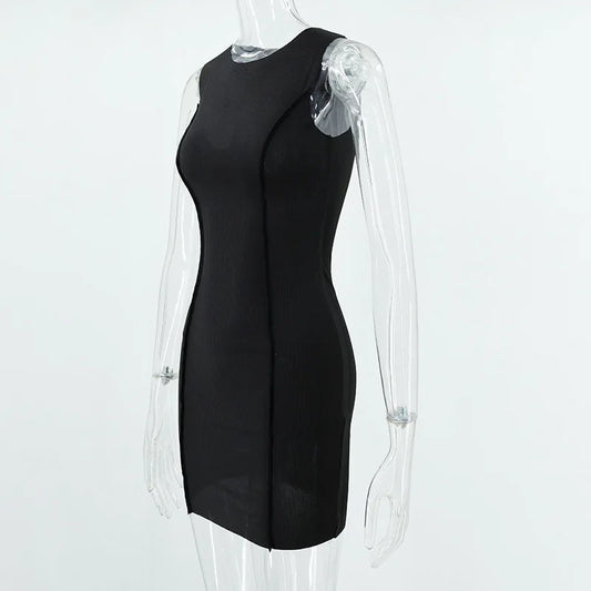 Women's Slim Wrap Hip Dress - Solid Patchwork Sleeveless O-Neck Mini Sheath Dress - photo 6