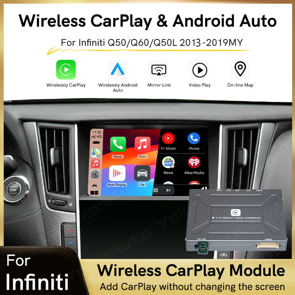 YolanAuto Wireless CarPlay Android Auto for Infiniti Q50 Q50L Q60 QX50 QX60 QX70 2013-2019 Support GPS Music Airplay 360 Camera
