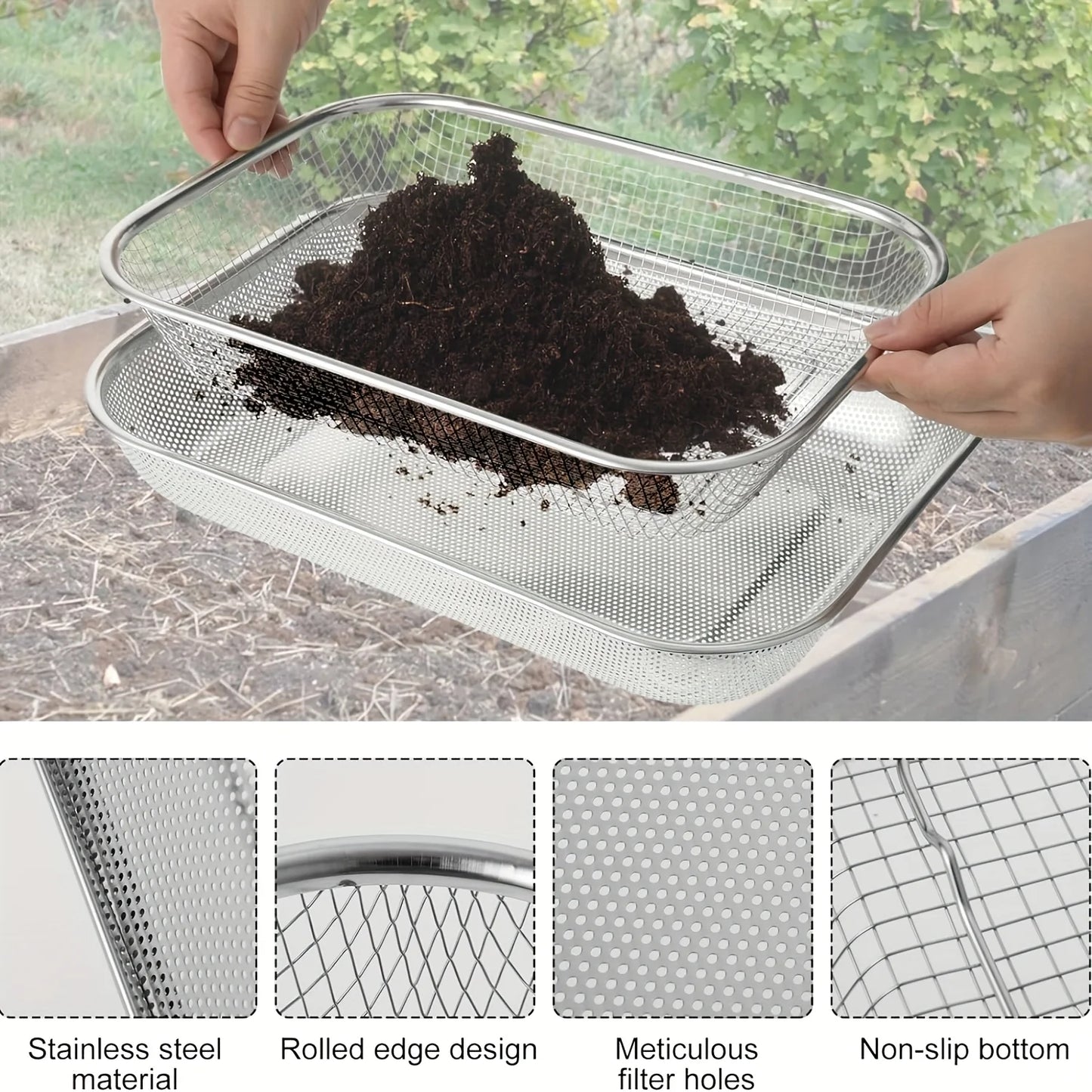 Stainless Steel Soil Sieve - Mesh Gardening Sieve for Rock Filtering, Composting and Sand, Durable and Anti-rust Hand Tools