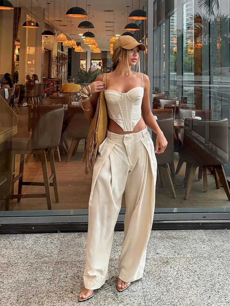 Boho Side-Cutout Cami & Wide-Leg Pants Set for Women