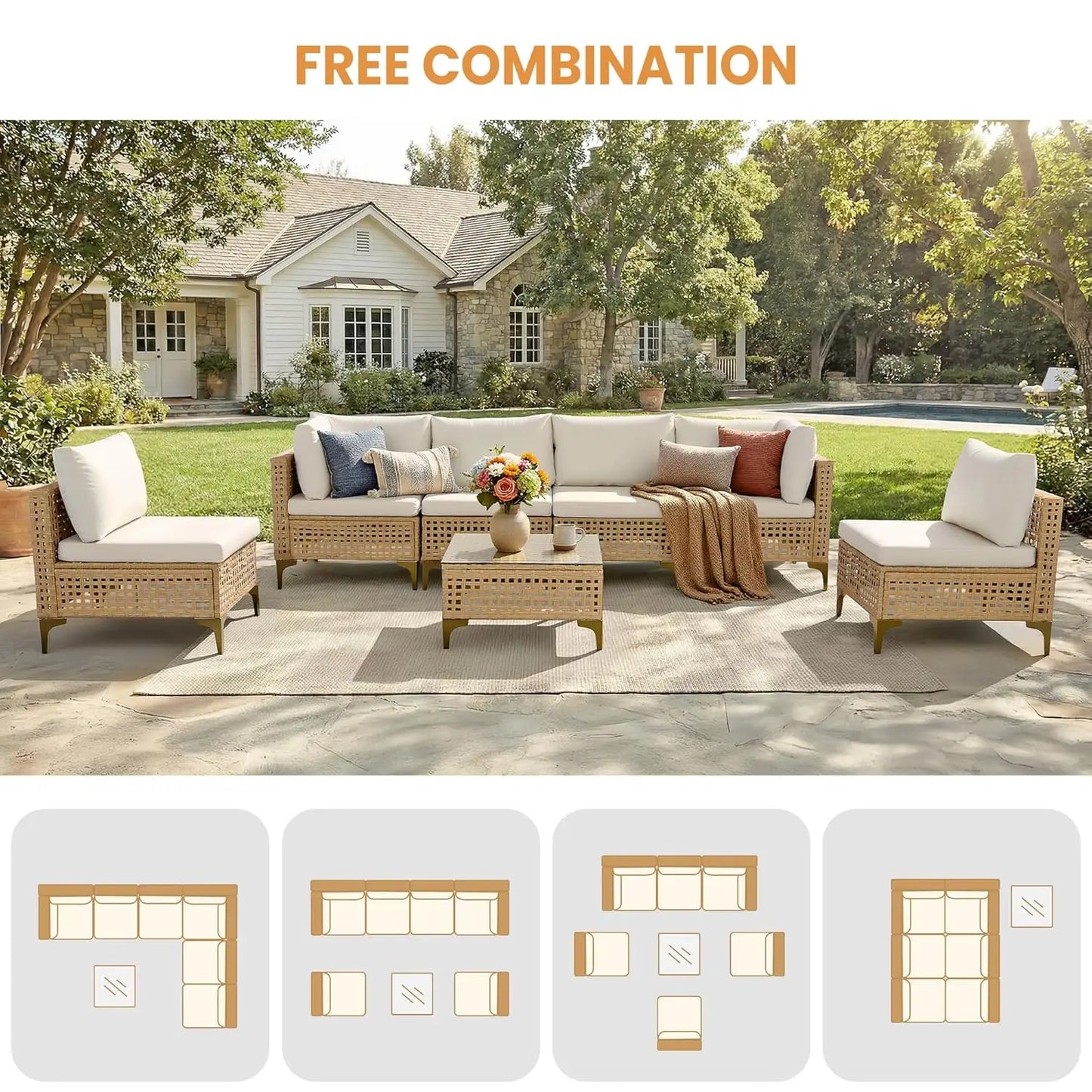 7-Piece Wicker Patio Sectional Sofa with Cushions & Glass Coffee Table for Porch Garden Backyard, Customized