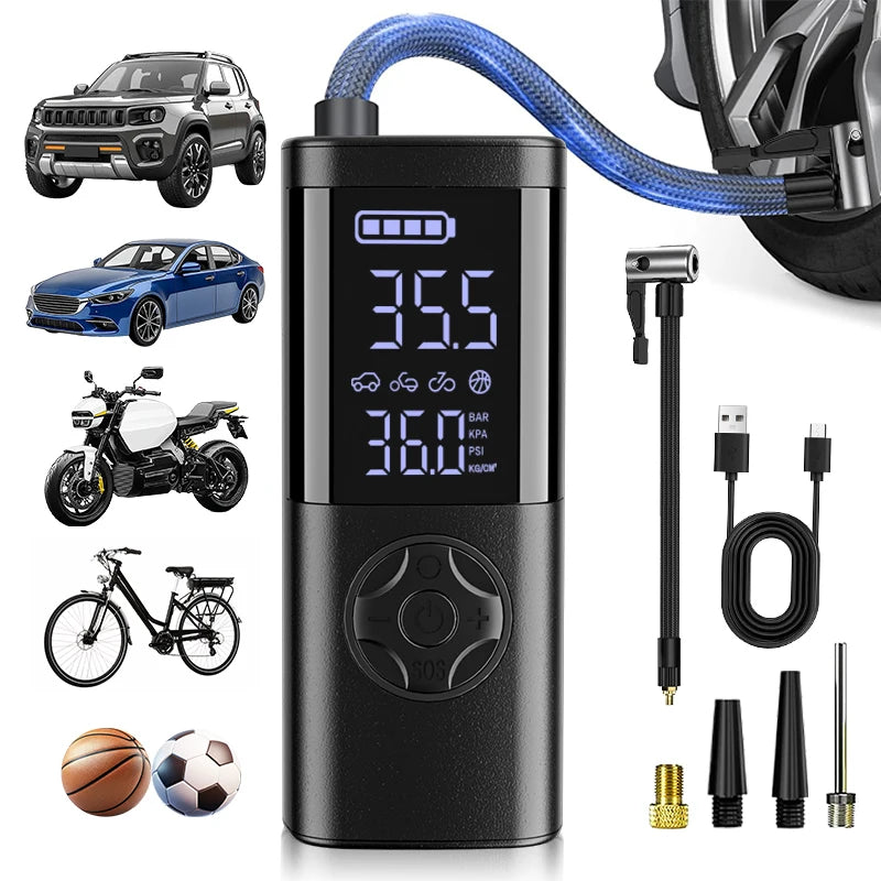 Cordless Car Tire Inflator Portable Air Compressor, 150 PSI Air Pump with Pressure Gauge, for Bicycle Bikes Motorcycles Balls