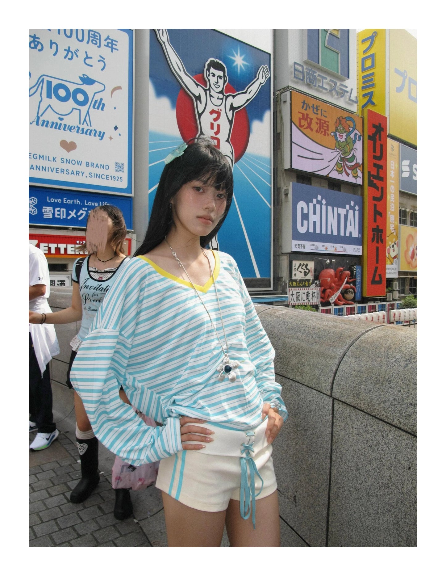 Tonngirls Women's Japanese Y2K Blue Striped V-Neck Long Sleeve T-Shirt – Vintage Off Shoulder Loose Tee