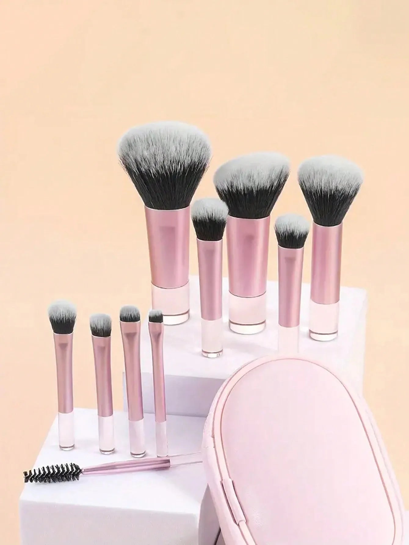 10pcs Pink Makeup Brush Set for Beginners Mini Portable Foundation Eyeshadow Brushes with Crystal Handle Includes Brush Pouch