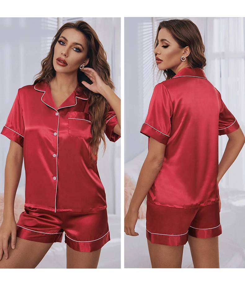 Women's Silk Satin Pajamas Set – Short Sleeve Button-Down Two-Piece Sleepwear Loungewear | XS–XXL (6 Colors)