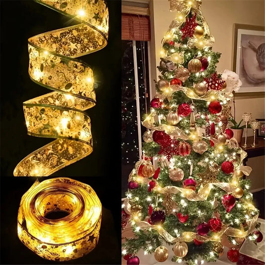 1/2/5/10M Christmas Tree Ribbon Fairy Lights, Indoor DIY Bows String Light Battery Powered for Christmas Tree New Year Decor