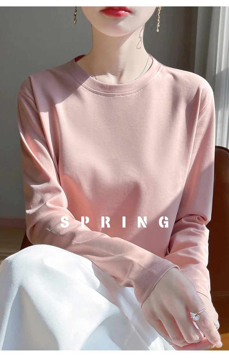 Spring And Summer New Mercerized Cotton Long Sleeve T-shirt Women's Round Neck Loose 100% Cotton Bottoming T-shirt