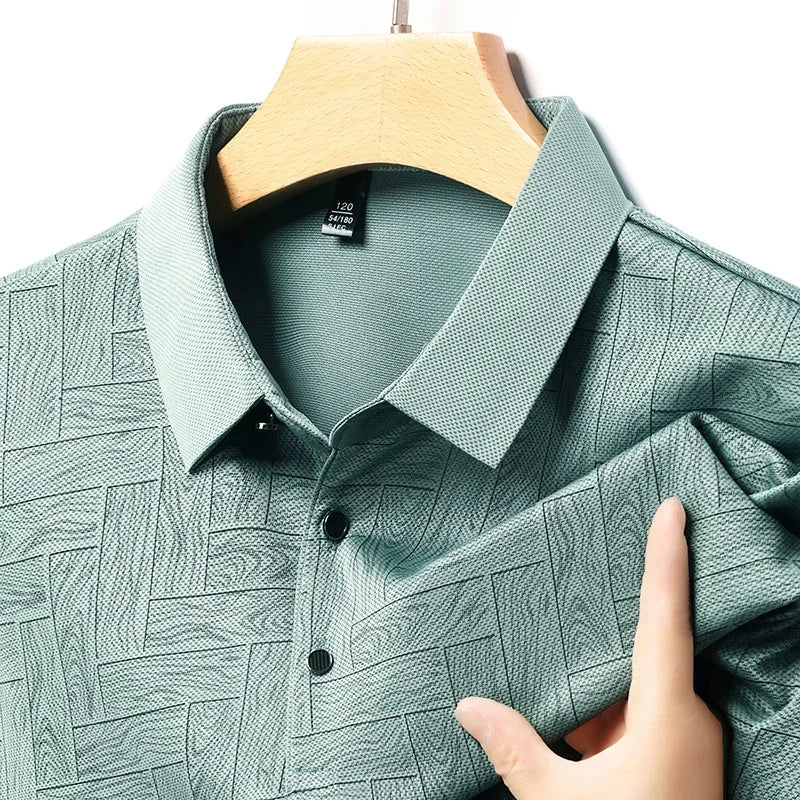 Men's Print Lapel Polo - Wood-Tile Pattern, Half-Button Placket