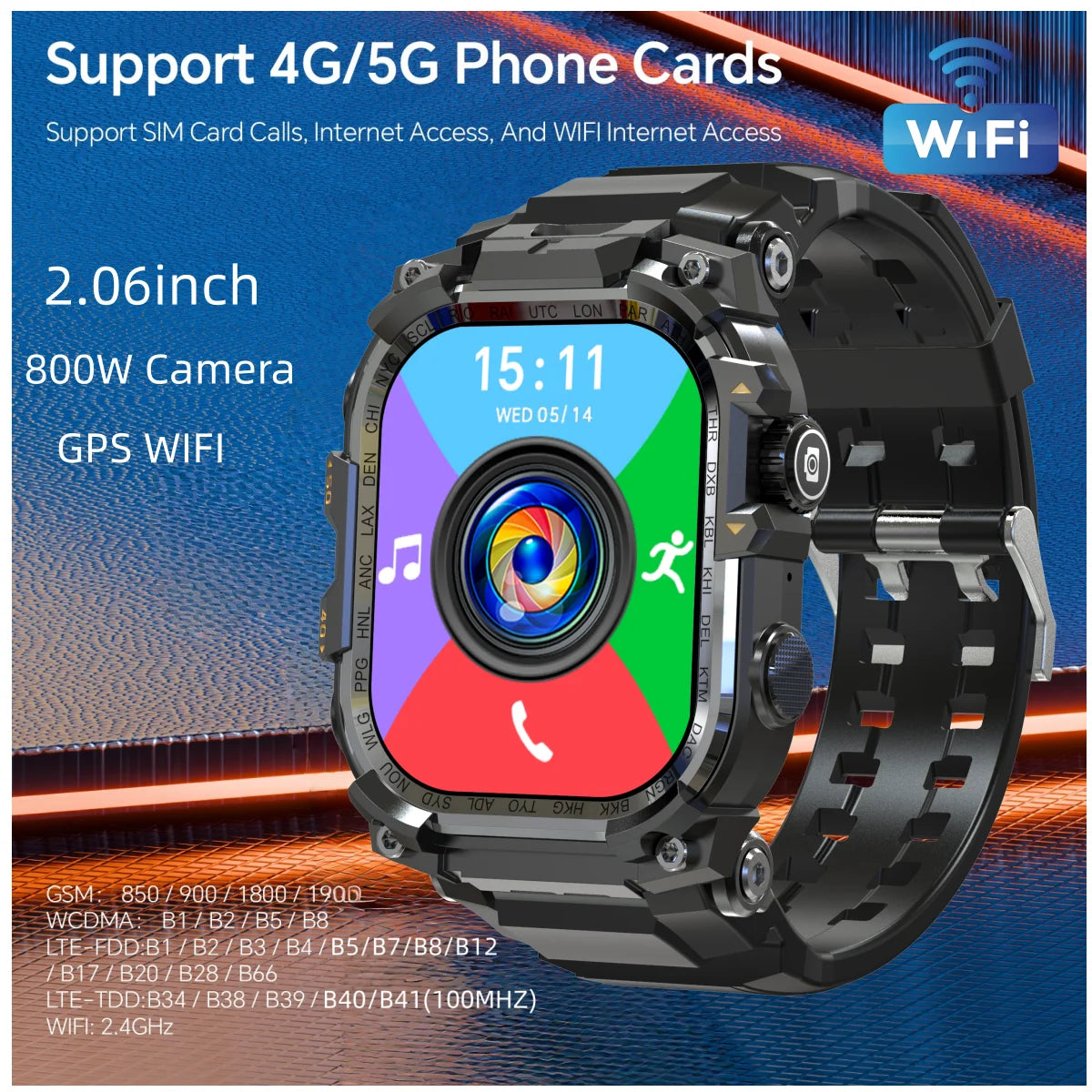 Q888 Smart Watch 4G SIM Full Network Android 10.0 OS GPS WiFi 2.06-inch Rotating Camera 32GB RAM 256GB Storage Latest Model