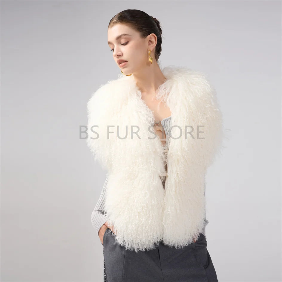 Fluffy Luxury  Real Mongolian Fur Halter Vests Women Solid Deep V-Neck Backless Bandage Sleeveless Jackets Top Outerwear Coat