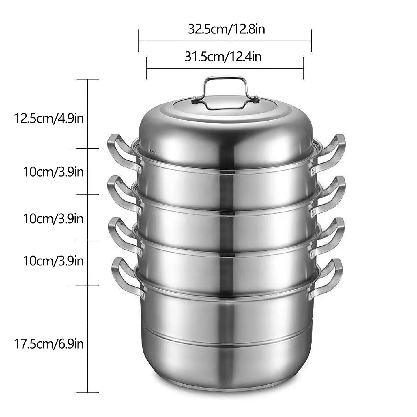 304 Stainless Steel Steamer Pot 2.38 Gallon Capacity 3-Tier Design with Steam Compartments for Cooking Soup