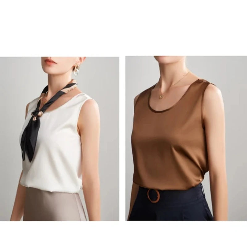 Summer Satin Mulberry Silk Tank Top Casual Versatile Champagne Tops Woman 2026 New Fashion Elegant Vest Loose Sleeveless T-shirt