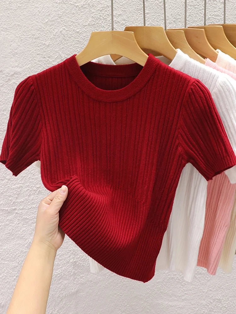 Women's Knit Summer T-Shirt — Korean Basic Solid Top