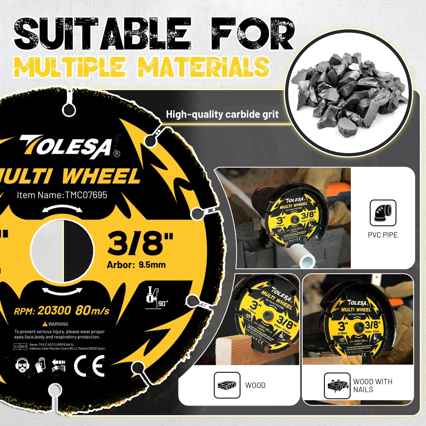 TOLESA 3Pcs Carbide Cutting Disc 3/4.5 Inch Cut Off Wheels Angle Grinder Cutting Wheel for Wood, Wood with Nails, Plastic