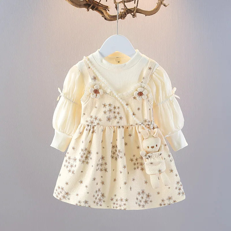 2025 New Spring Western Flower Flower Dress Feelings Feed 2 Sweet and Lovely Going Leisure Girl Clothing Give Rabbit 0-6-year-ol