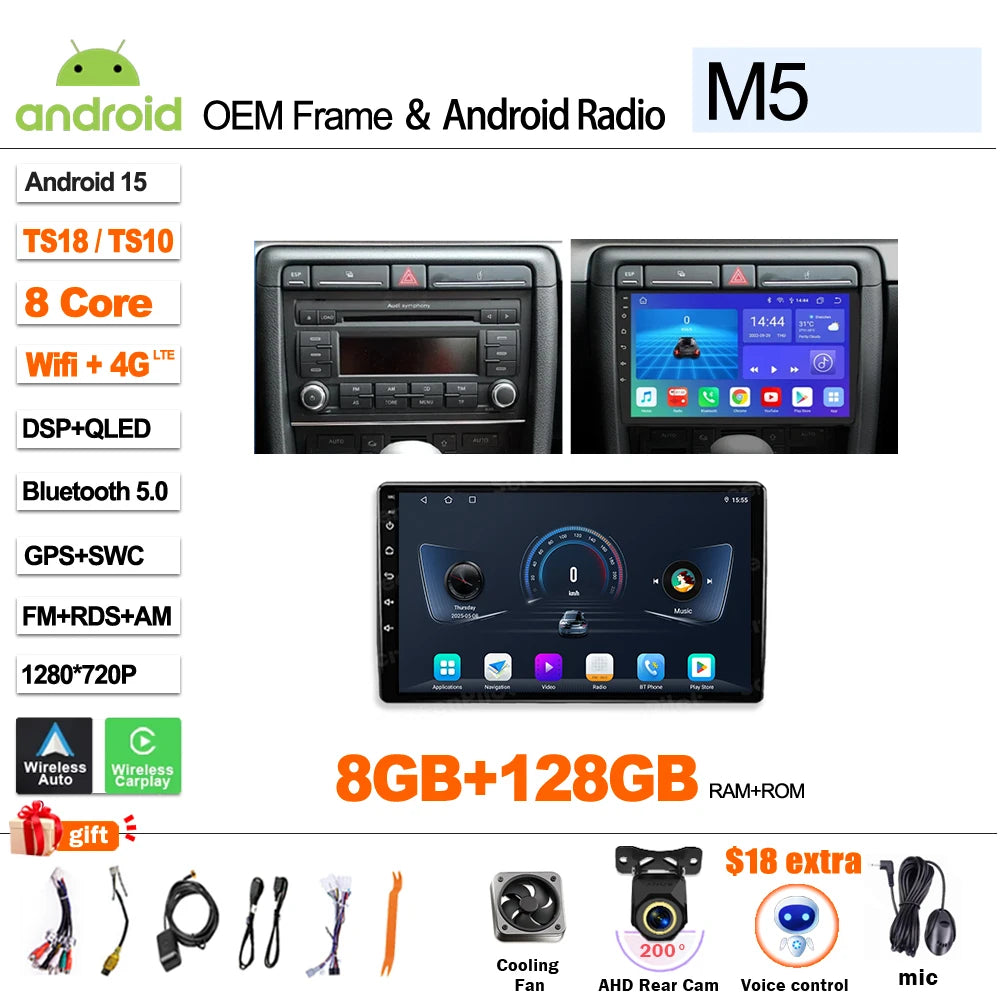 Android Car Stereo for Audi A4 B6 B7, S4, RS4 & Seat Exeo (2002–2009) — CarPlay, Bluetooth, 2-DIN