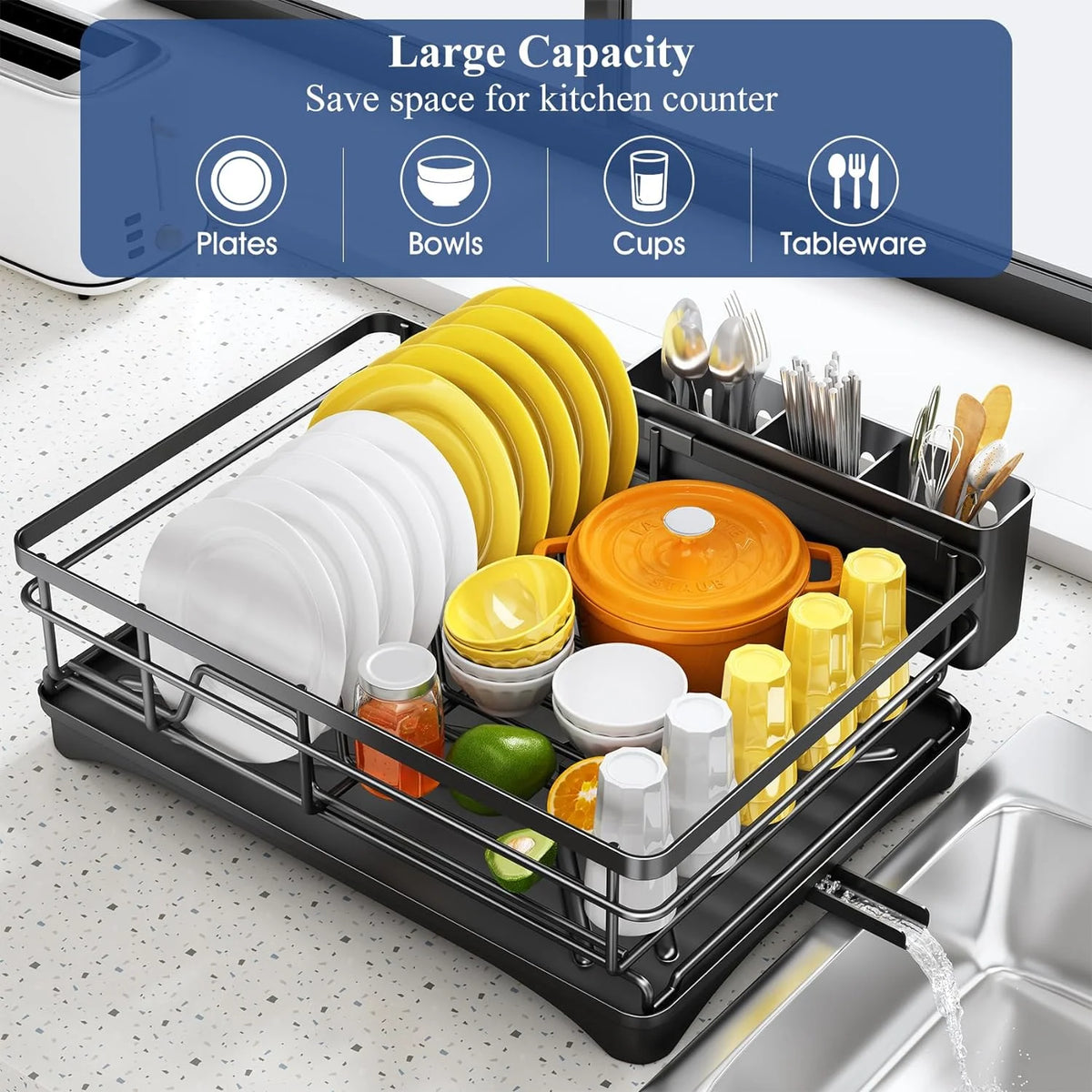 Large Dish Drying Rack with Drainboard & 3-Slot Utensil Holder - photo 2