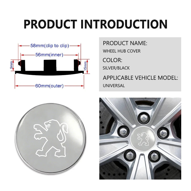4pcs Car Wheel Center Hub Cap 60mm Universal Anti-Scratch Hub Protector For Peugeot GTLine 308 508 5008 3008 408 206 207 106 406