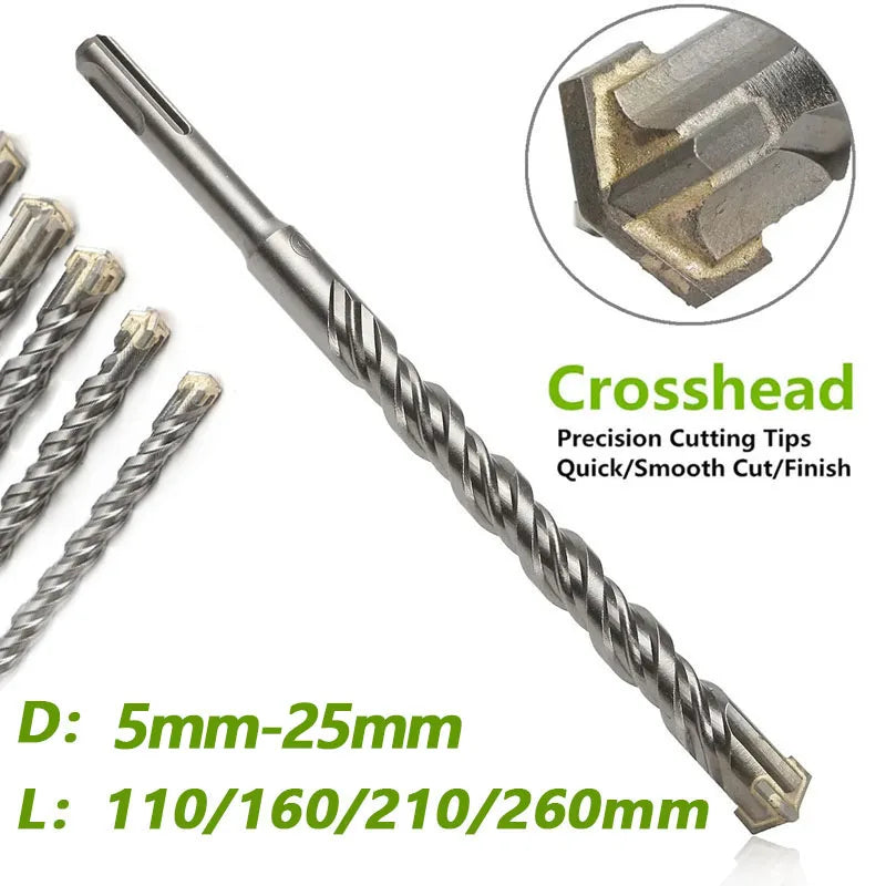 SDS Plus Hammer Drill Bits 5-25mm, Cross Tungsten Masonry Set
