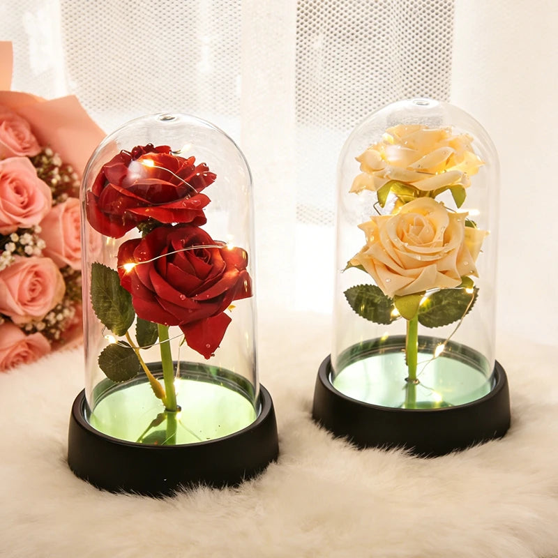 Artificial Rose Flowers Eternal Rose LED Light Foil Flower in Glass Cover Simulation Rose Flower Christmas Teachers' Day Gifts