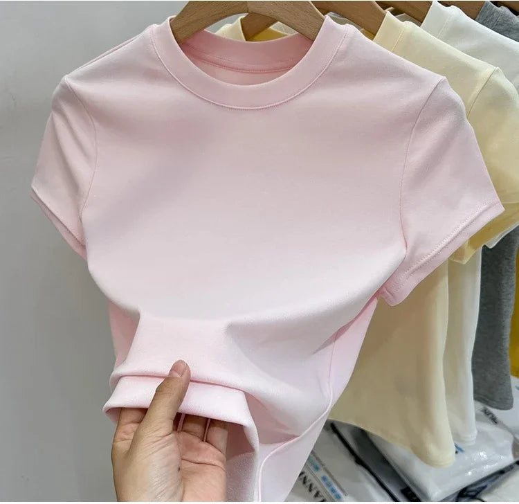 Zjaiss 2026 O-Neck Fashion T-Shirt Summer Sexy Basic Top Solid Short Sleeve Womens Tshirt Casual Korean Tee Streetwear