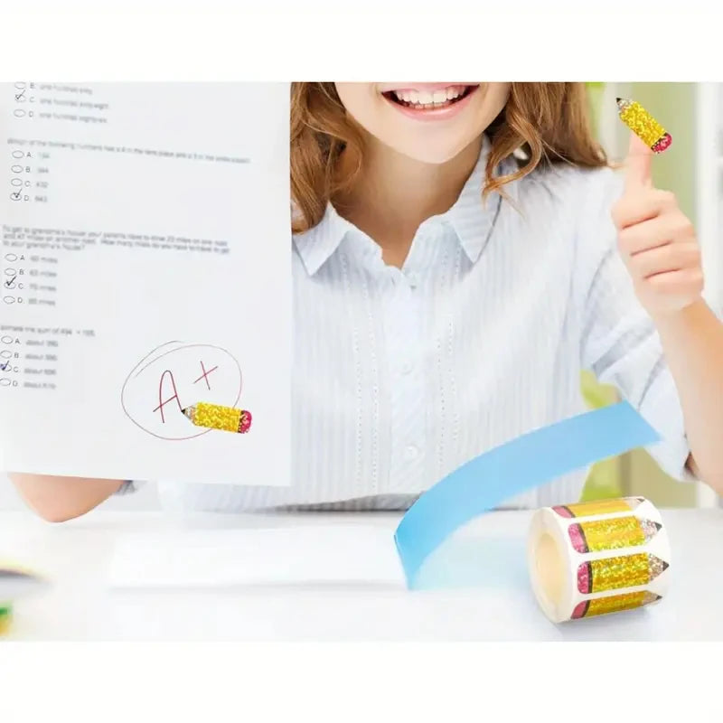 100-500pcs Laser Gold Pencil Stickers Party Gift Wrapping Label Scrapbook Cartoon Rewards Stationery Stickers