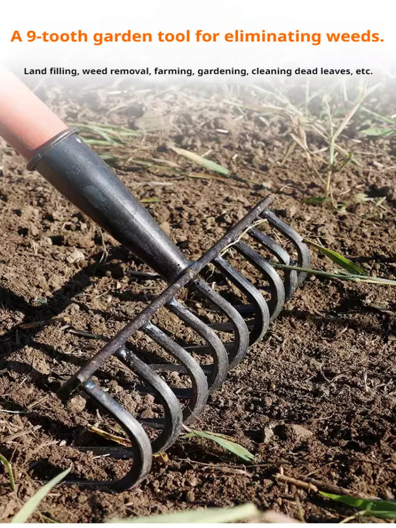 Multifunctiona steel rake Manganese Steel Durable Laborsaving Agricultural Nine-tooth Nail Rake for raking grass, loosening soil