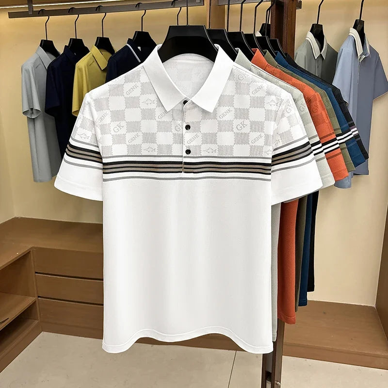 Men's Lattice-Print Lapel Polo - Soft Stretch, Sweat-Proof Summer