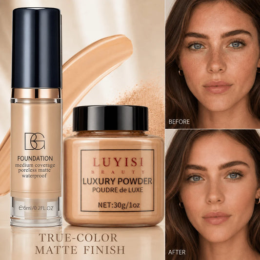 2 Piece Face Makeup Set - Matte Loose Powder and High-Coverage Foundation
