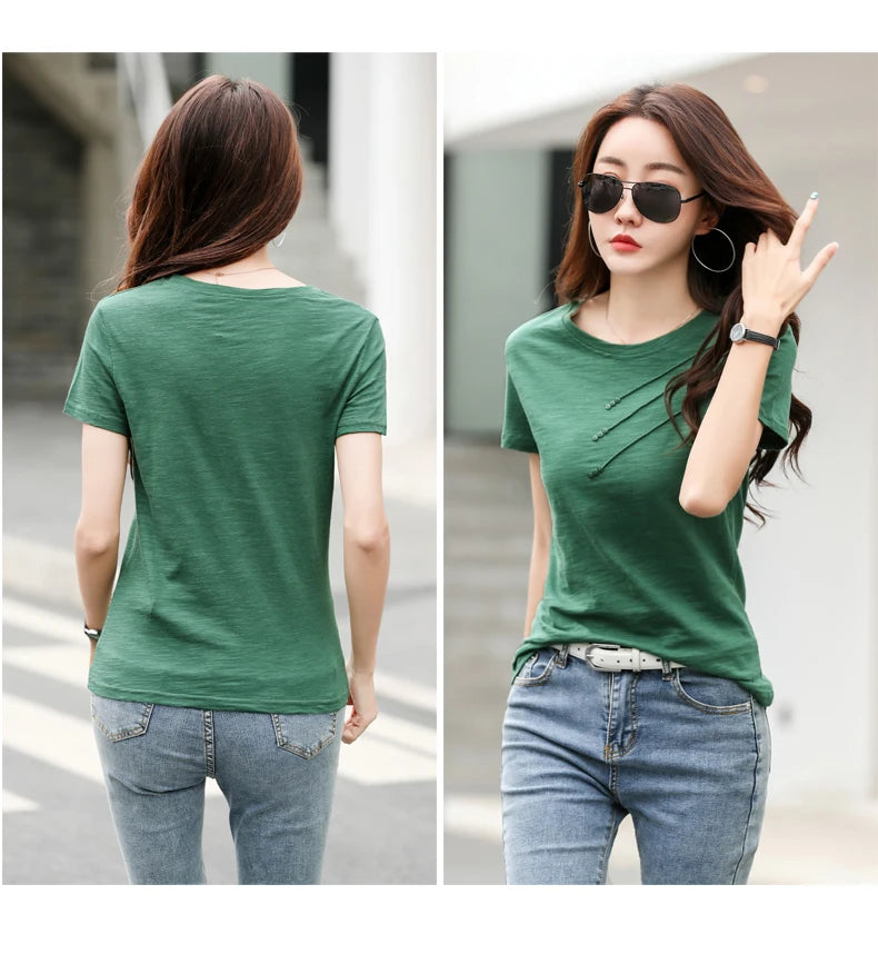 Women's slub cotton button tee, loose crew neck — view 15 of 20