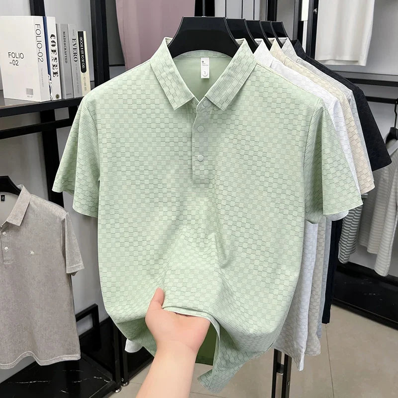 Men's Hollow-Grid Polo - Lapel Three-Button, Breathable Stretch