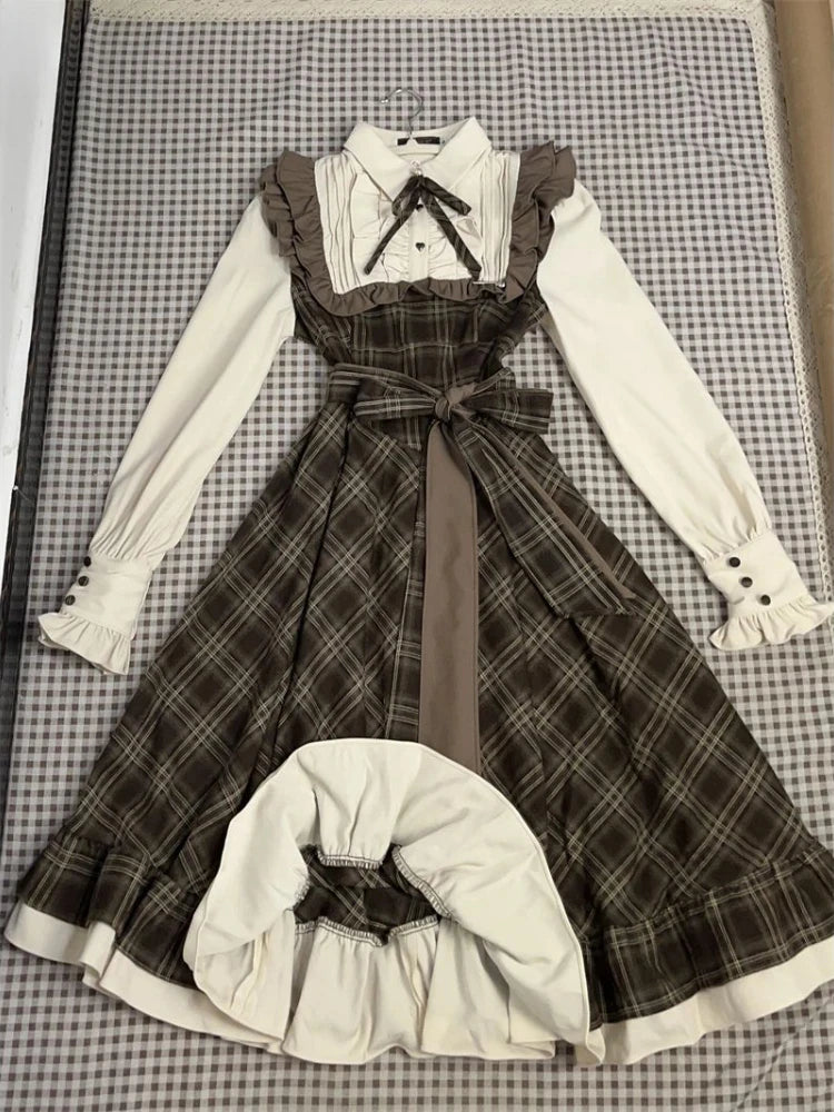 Autumn French Vintage Elegant Women Midi Dresses Y2k Casual Design Plaid Evening Dress New Fashion Office Korean Popular Clothes