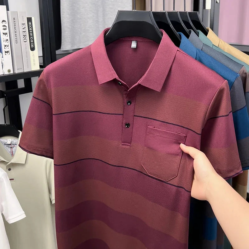 Men's Striped Lapel Polo - Sweat-Resistant Lightweight Summer Tee
