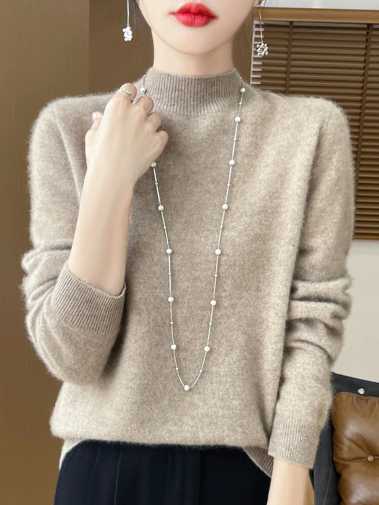 Women's Merino Wool Mock Neck Sweater, Long Sleeve